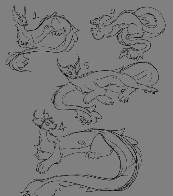 sketches of a long catlike beast image includes 4 poses client could choose from