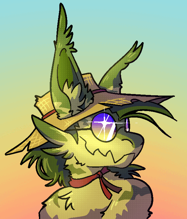 A goblin like furry wearing a sunhat and glasses, animated to look like the wind is blowing and his glasses are shining.
