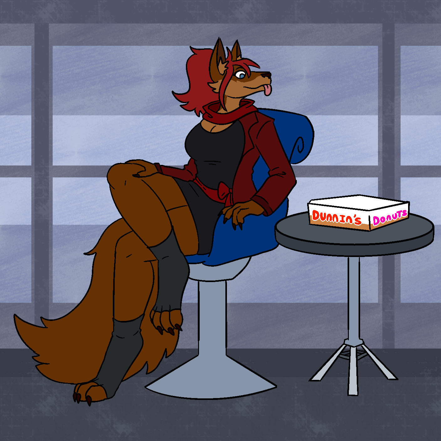 A brown fox lady using an excessively long tongue to scoop donuts out of a box and into her mouth, discreetly.