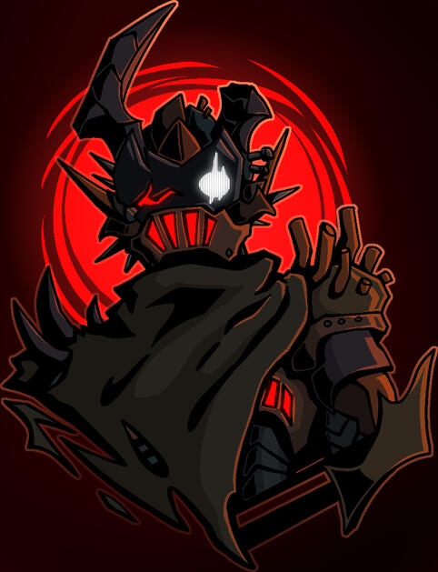 a robot with jagged rusted features, including a red grate for a mouth and scarred white light for an eye. He has a broken horn and a brown cloak