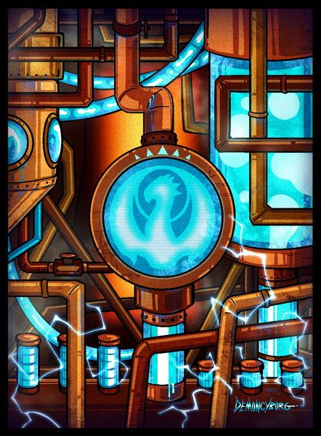 A scene of the izzet's symbol amongst copper and brass tubes in a sprawling, steaming scape with glowing blue tubes, and crackling electricity.
