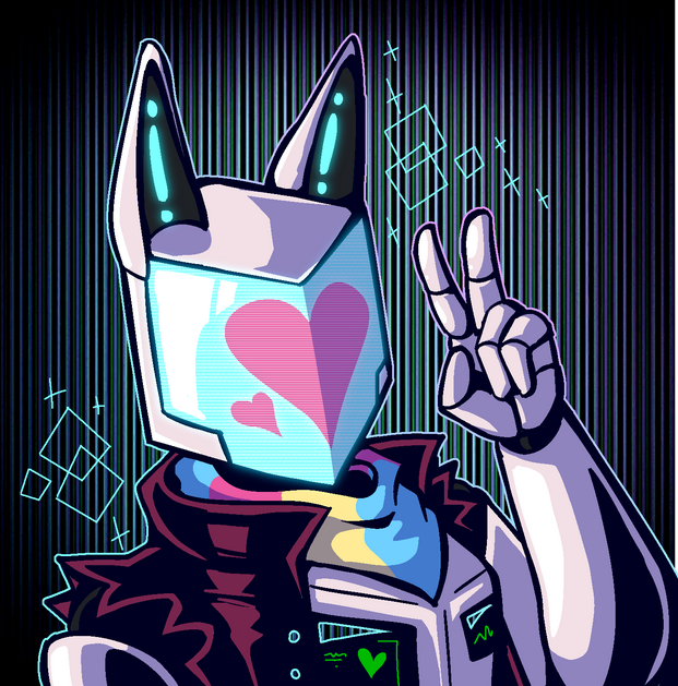 A robot with a square head and cat ears, its face is blue with a pink heart, and its wearing a pan flag scarf with a pink black leather jacket.