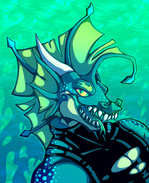 An anthro serpent-lizard with sharp teeth and a long mohawk like fin, with an anglerfish tip. his colors are blue teal green n yellow