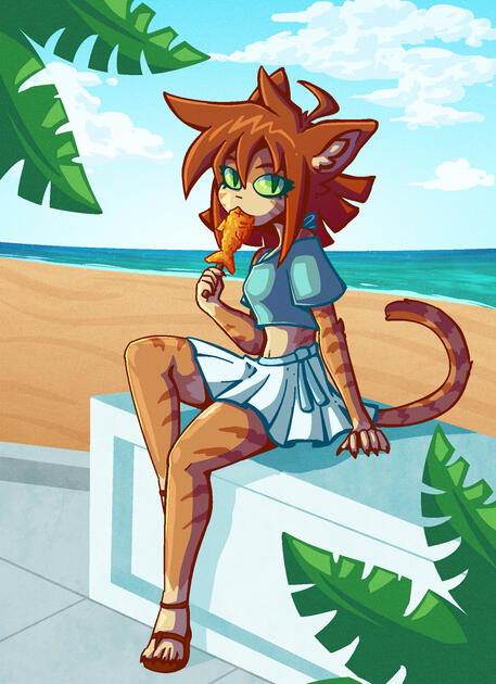 an orange catgirl eating a fried fish on a stick. shes by a beach and surrounded by big fern leaves