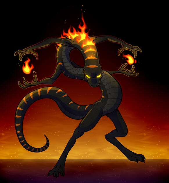 A sort of snake anthro with a pair of legs and two pairs of arms, using all four arms to cast a fire spell. Lines of orange mark his soot scales and light on fire.