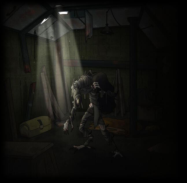 A figure covered in bandages and rags standing in a dark warehouse, holding a sack.