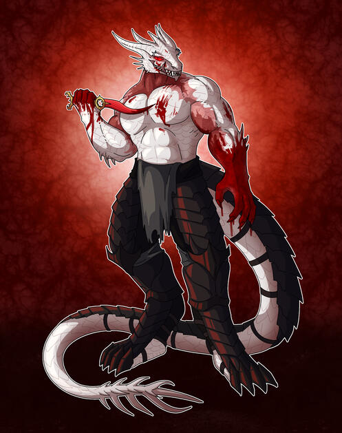 Dark Urge from Baldurs gate with a very buff exposed upper body, licking blood from a bloody knife. She has a bloody hand print on her chest and dark greaves.