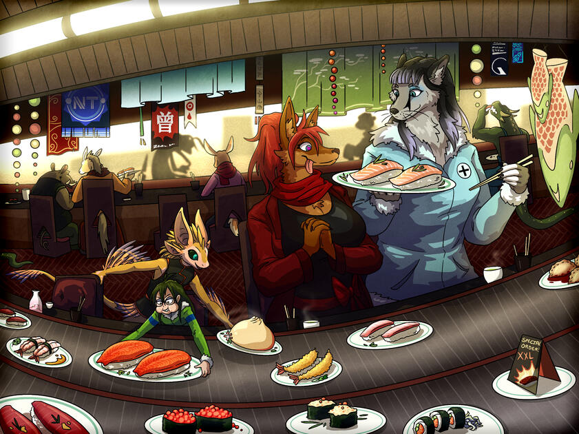 A conveyor sushi restaurant featuring many different sized anthro characters and a human. They serve large-sized nigiri