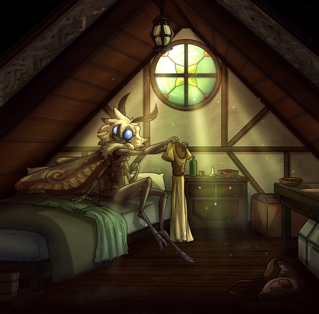 Commission of a white and brown anthro moth sitting on a bed in a dusty attic inn room, deciding between two dresses.