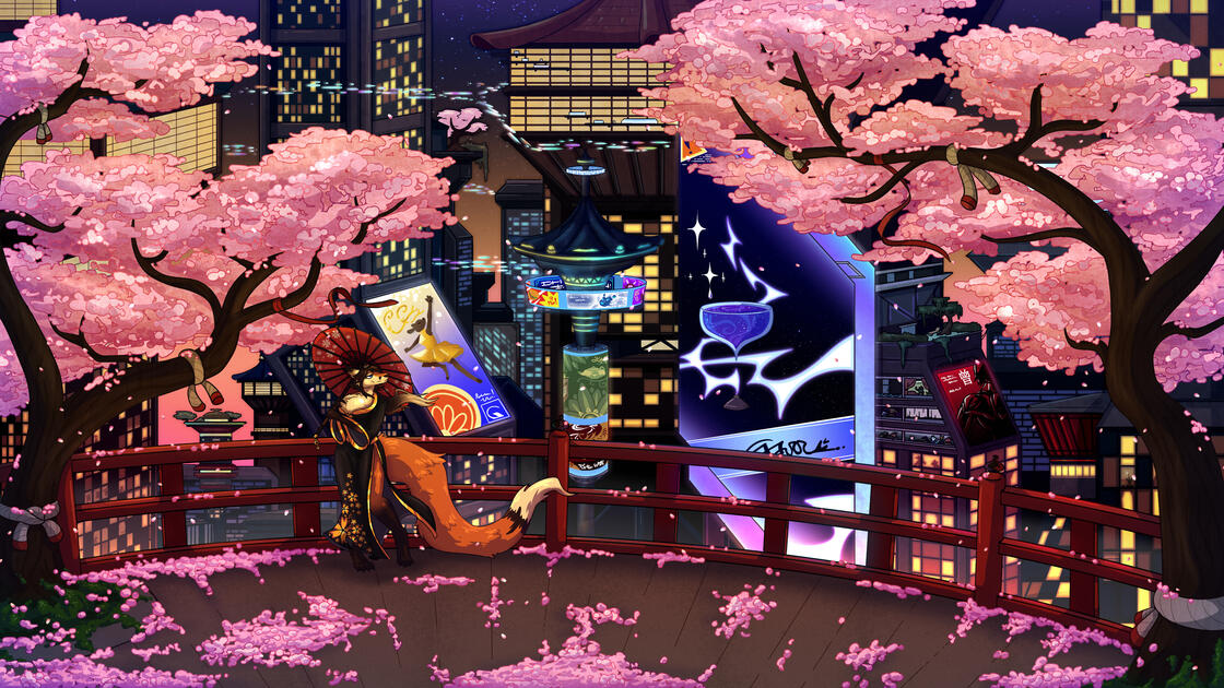 A japanese red bridge flanked by sakura trees, with a massive sprawling cyberpunk city in the background. A fox lady sits at the bridge with a parasol