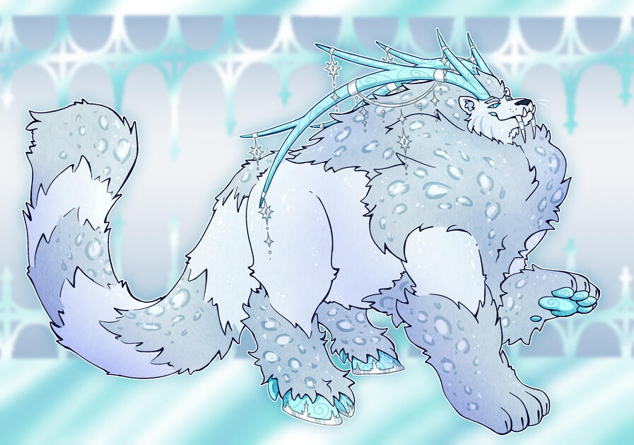 An obscenely fluffy big cat with hooves instead of back paws. Its white and blue-grey with sparkly white and blue rosettes. It has massive ice antlers with silver ornaments