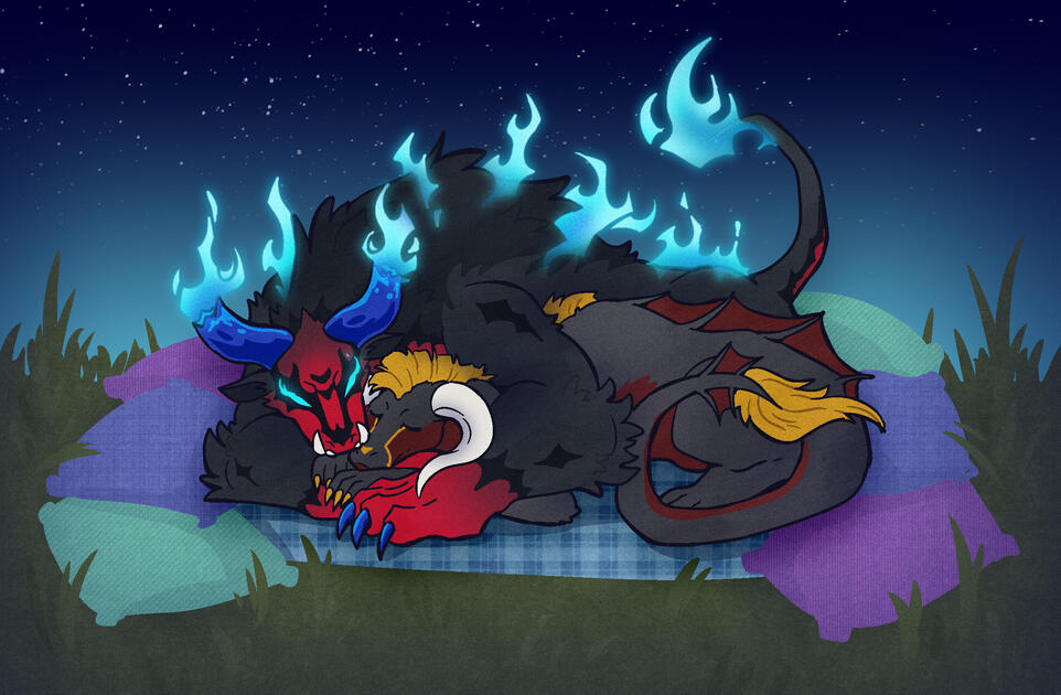 A large bull monster cuddling a somewhat smaller dragon