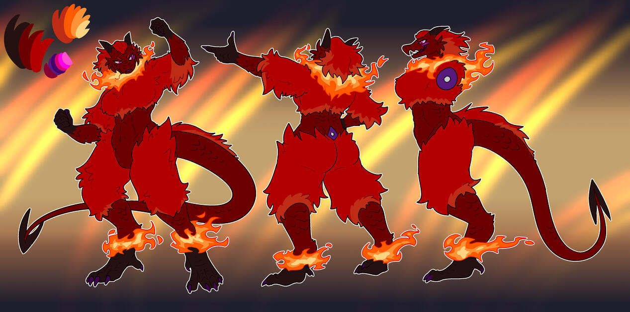 A reference with a front, back, and side for a firey red dragon with fluffy fur covering like pants and mid sleeve shirt, with a plume of flame on the neck and around the ankles. Long long tail