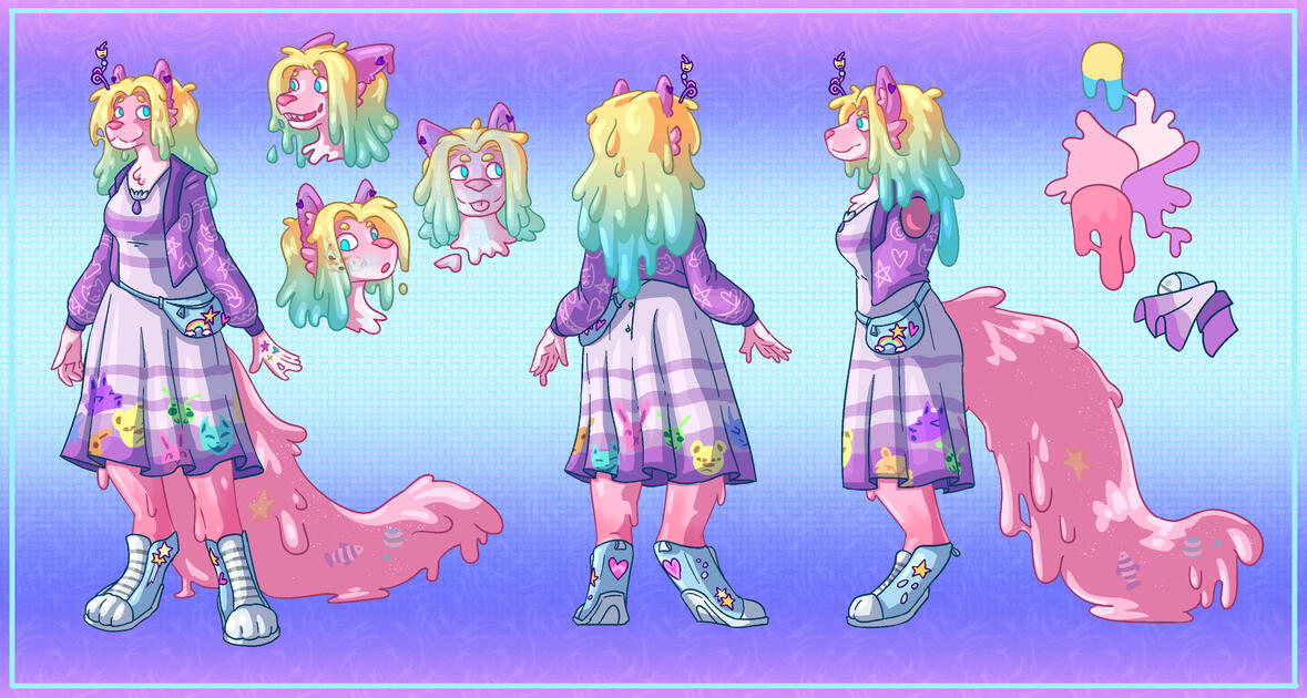 A reference for a pink slime dog with a very sparkledog aesthetic. She has a silly straw in her head and wears a purple jacket and dress
