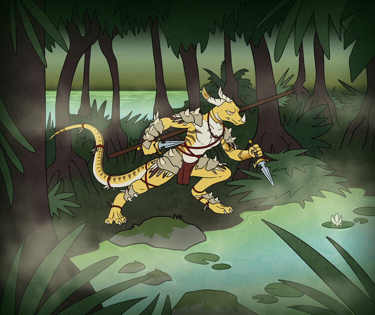 A lizard anthro with yellow scales and makeshift clothing with feathers and bones, wielding knives and prowling through a swamp.