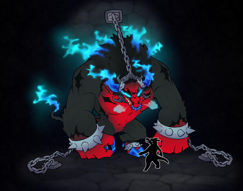 A large chained bull monster snorting at a small silhouette of a kobold. the bull is black with red points and has ghosty fire and horns