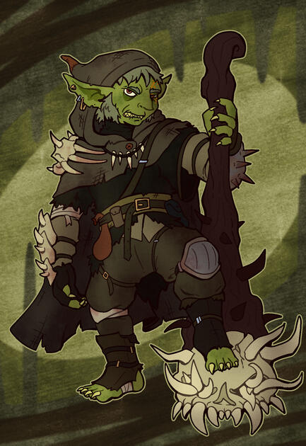 An older looking goblin clad in bone and rags, holding a huge club with a skull and many horns at the end.