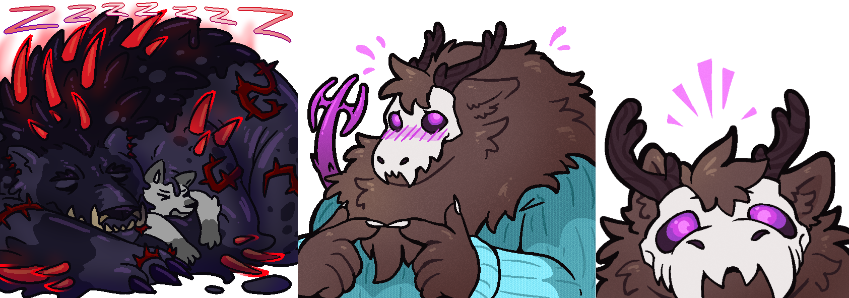 3 Discord or Telegram stickers, the first featuring a gooey black bear with red spikes and thorns. He's sleeping on top of someone who wants to escape. The other 2 feature a large brown fluffy anthro dog with a skull face looking shy and curious