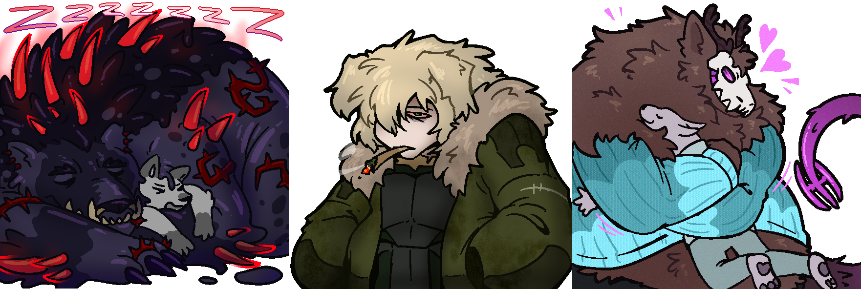 3 Discord or Telegram stickers, the first featuring a spiked gooey black bear sleeping on someone. Second, a dog-man with a big blunt, and third, a big fluffy brown skull dog hugging someone tightly