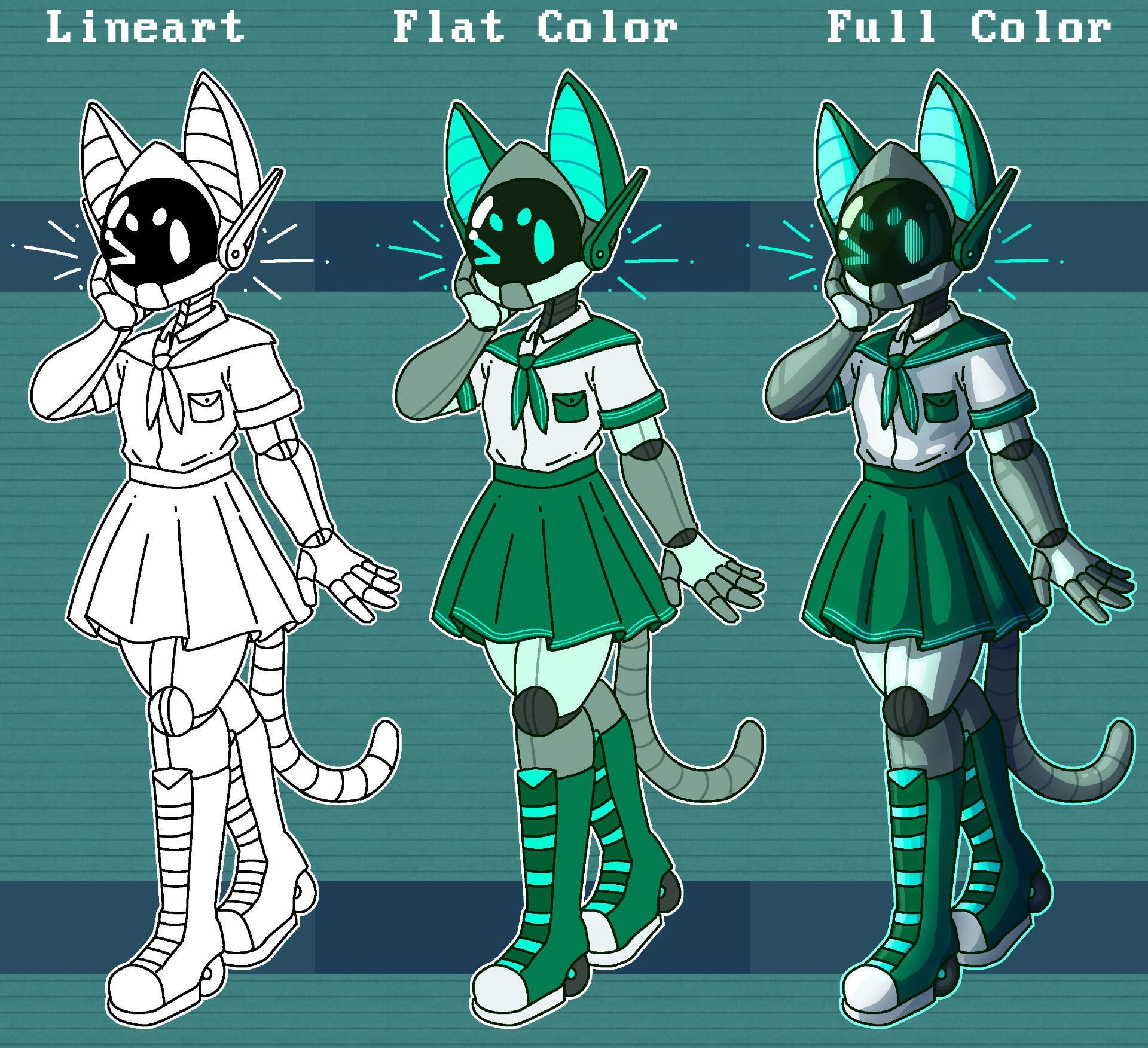 Art Reference of a robotic catgirl that displays the three coloring styles to commission artwork. The text says at the top "Lineart" "Flat color" and "Full color" above their respective styles.
