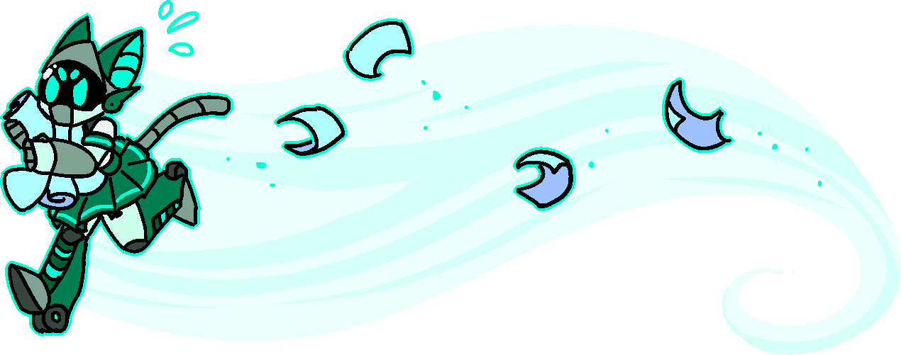 A robot catgirl carrying contact info for the artwork site, running very fast!!!!