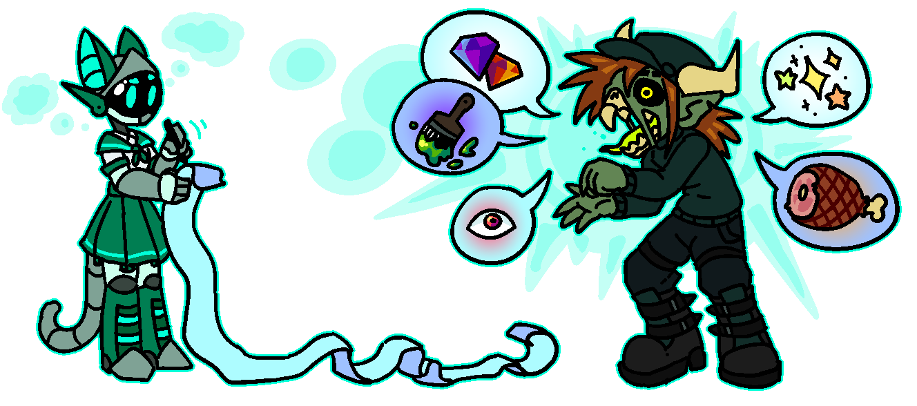 Character art of two characters. One is a robot catgirl with a skirt on, her colors are primarily bright teals, She has a commission sheet. The other is a zombie with green skin, red hair, and black clothing. He's ordering a commission